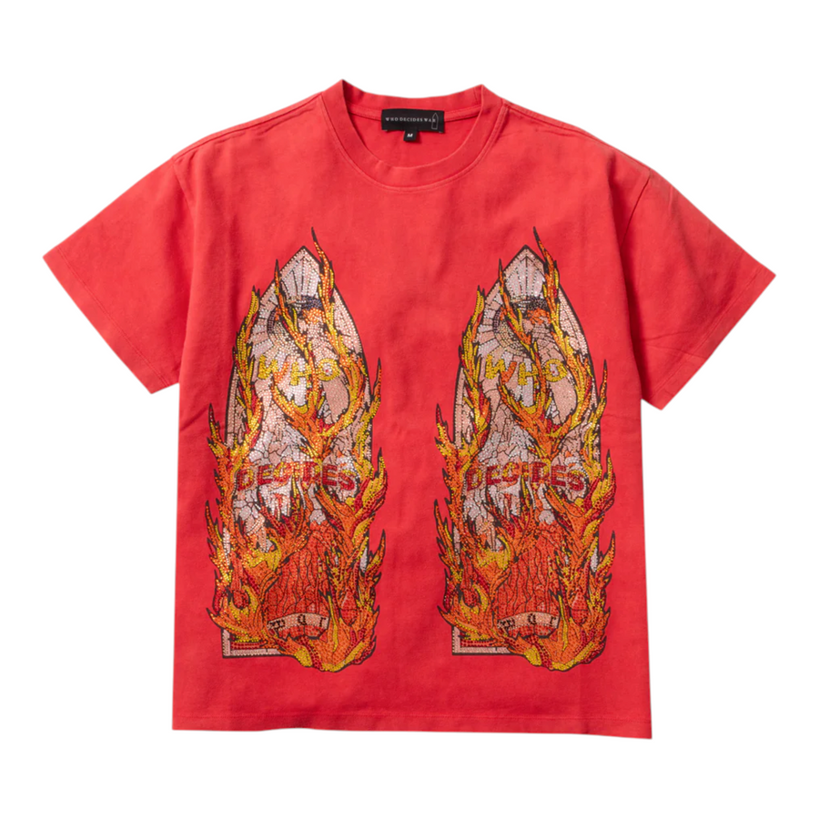 Who Decides War red Rhinestone Flame Glass Jersey Tee