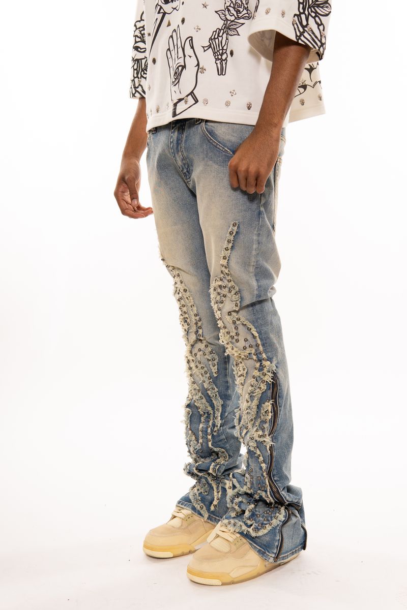 VICIOUS JEANS Light Blue STUDDED RIPPED FLARED DENIM W/ SIDE ZIPPER VC727