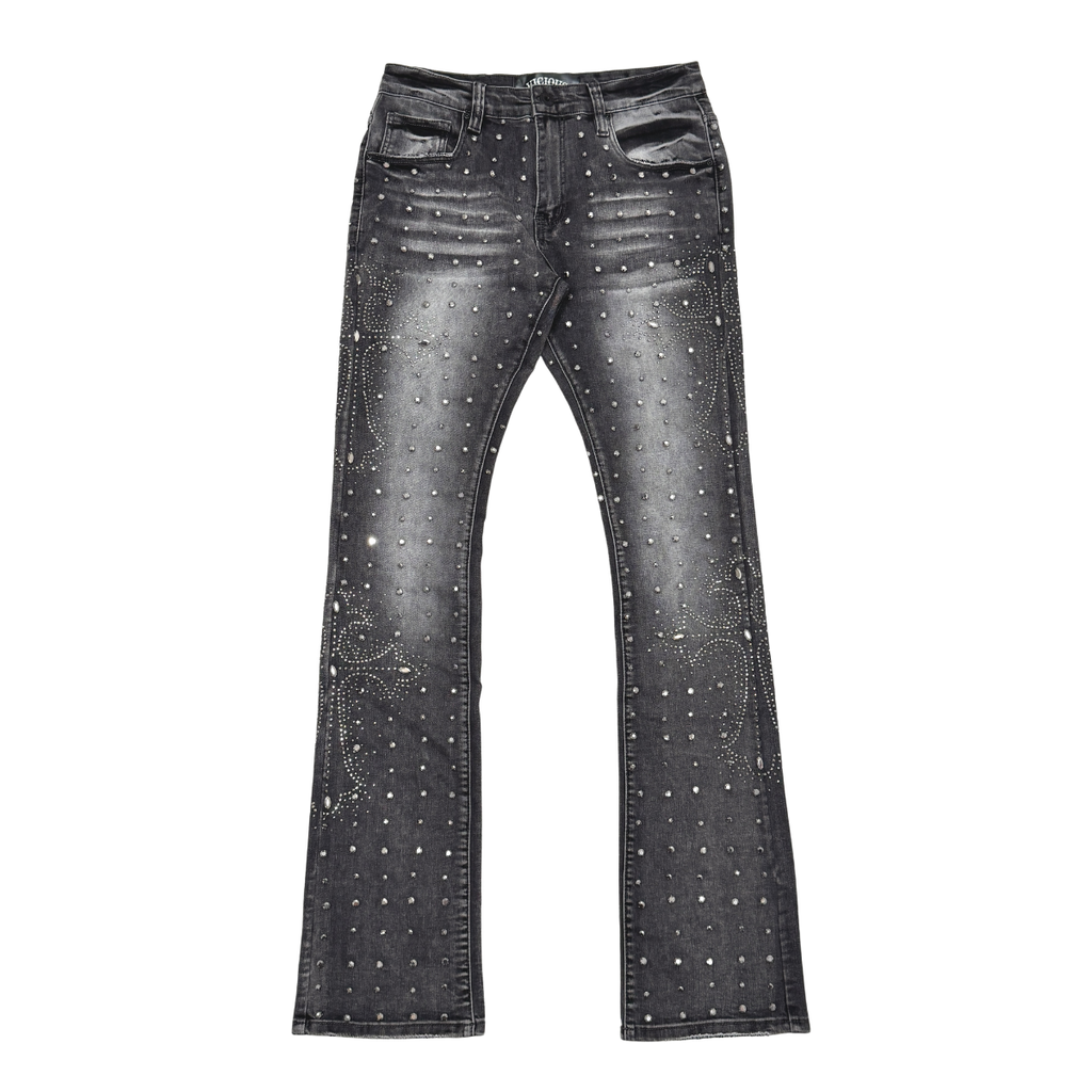 VICIOUS JEANS DARK GREY EMBELLISHED RIHNESTONE FLARE CROSS VC924