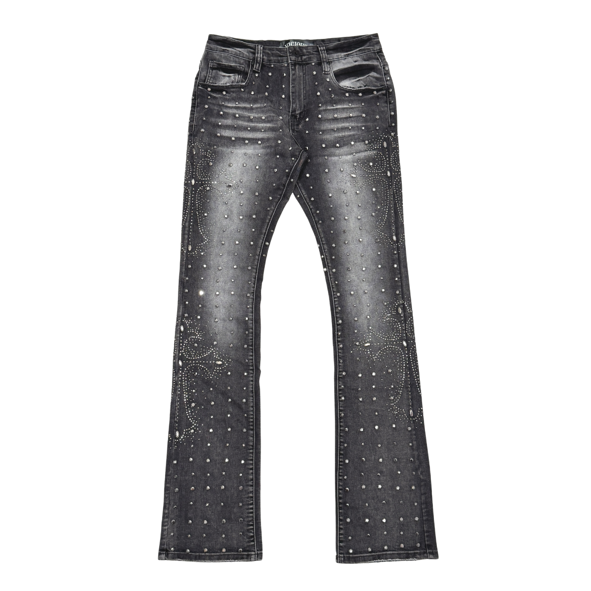 VICIOUS JEANS DARK GREY EMBELLISHED RIHNESTONE FLARE CROSS VC924