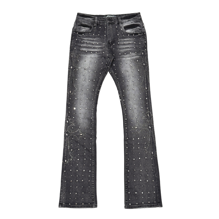 VICIOUS JEANS DARK GREY EMBELLISHED RIHNESTONE FLARE CROSS VC924