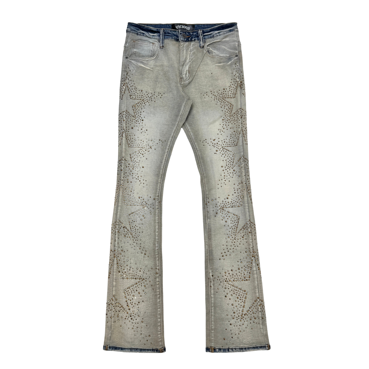VICIOUS JEANS INDIGO EMBELLISHED RHINESTONE STAR FLARE VC1008