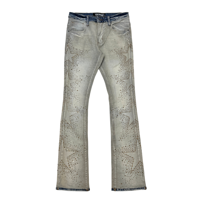 VICIOUS JEANS INDIGO EMBELLISHED RHINESTONE STAR FLARE VC1008