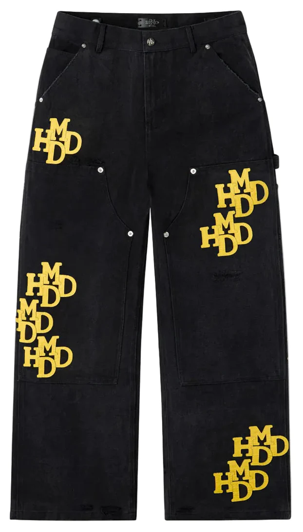 HMDD Pants Black Yellow Patch Double Knee