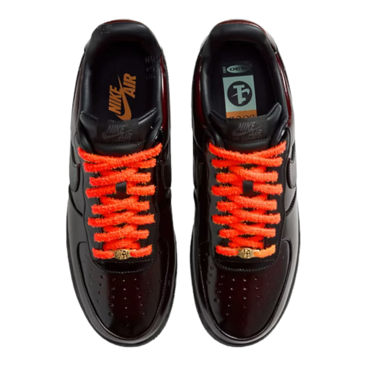 FLEX SHOP Nike Air Force 1 Family Reunion Air Soul sneakers in glossy black with vibrant orange textured laces.