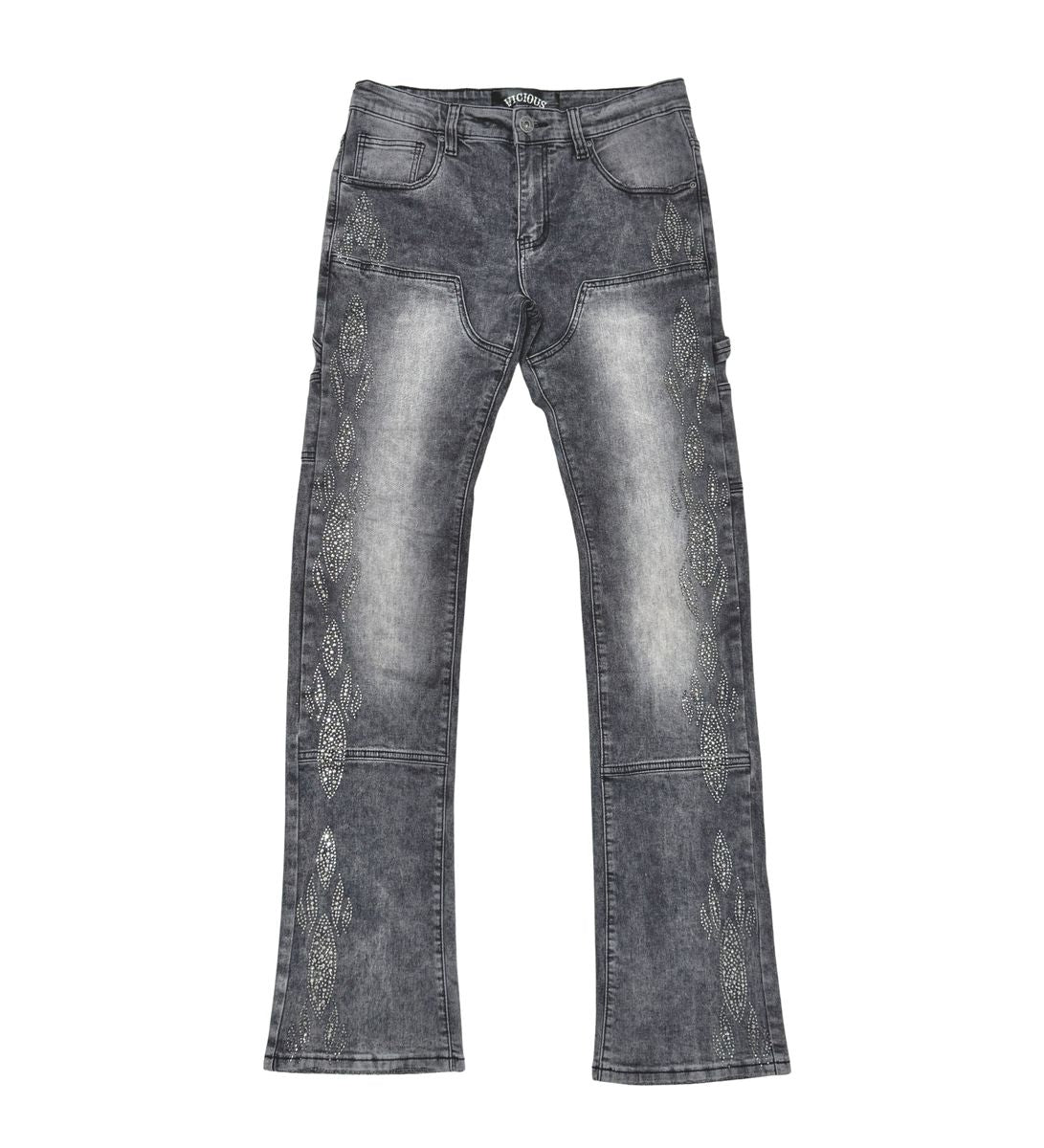 VICIOUS JEANS DARK GREY CARPENTER FLARE RHINESTONE VC654