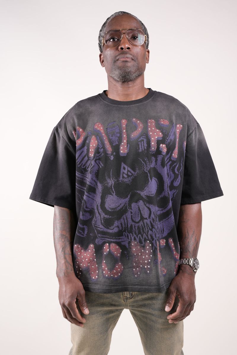 Paper Money Tee Black Purple Rags Skull Rhinestone