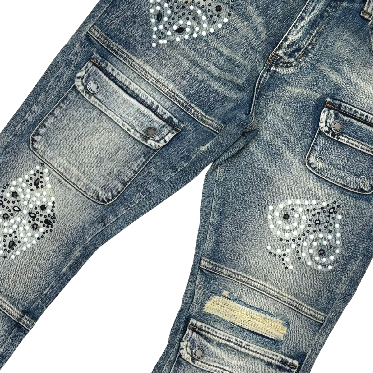 VICIOUS JEANS DARK BLUE Cargo Lucky Seven Flare Pearls VC1020