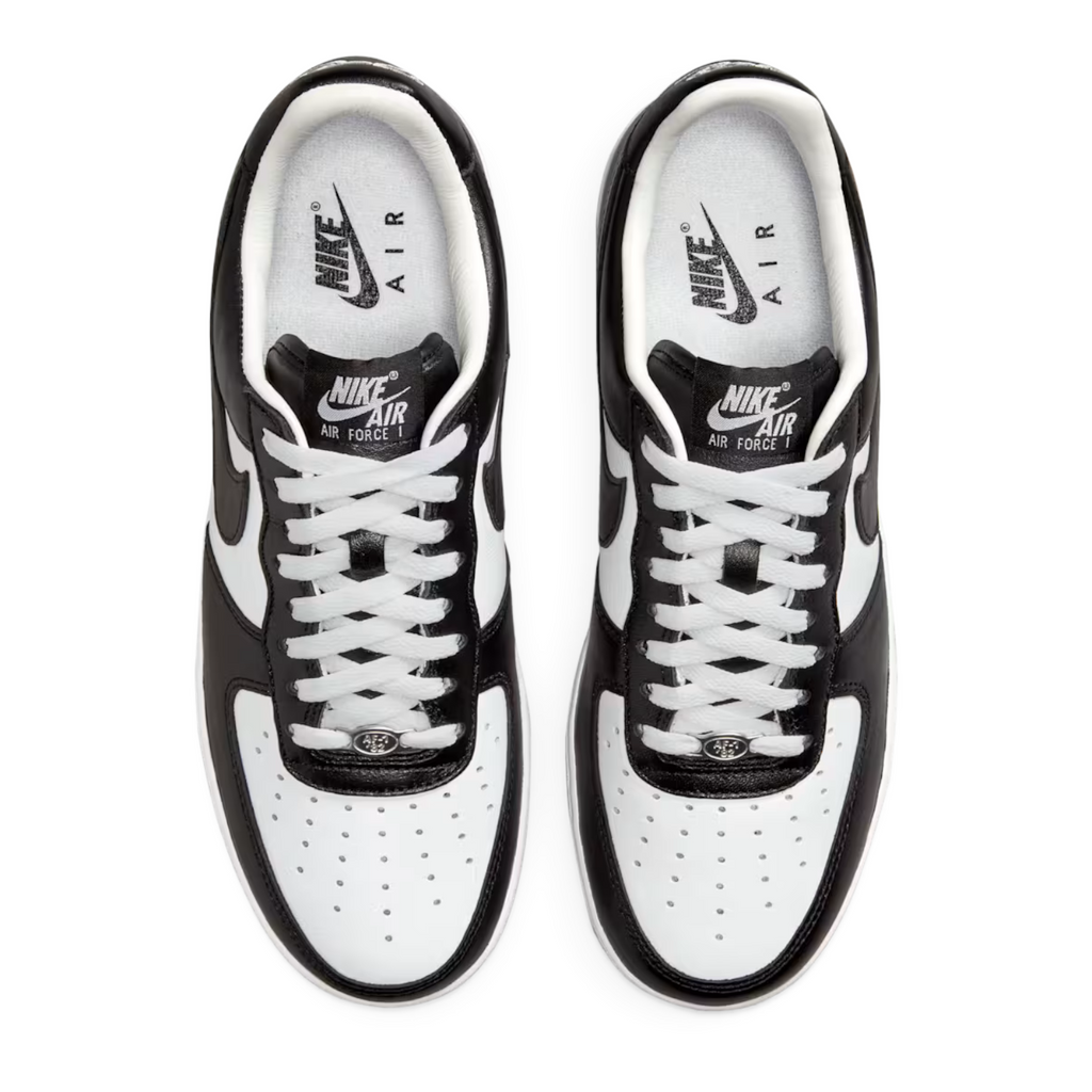 FLEX SHOP Air Force 1 x Terror Squad Blackout sneakers in black and white premium leather, top-down view.
