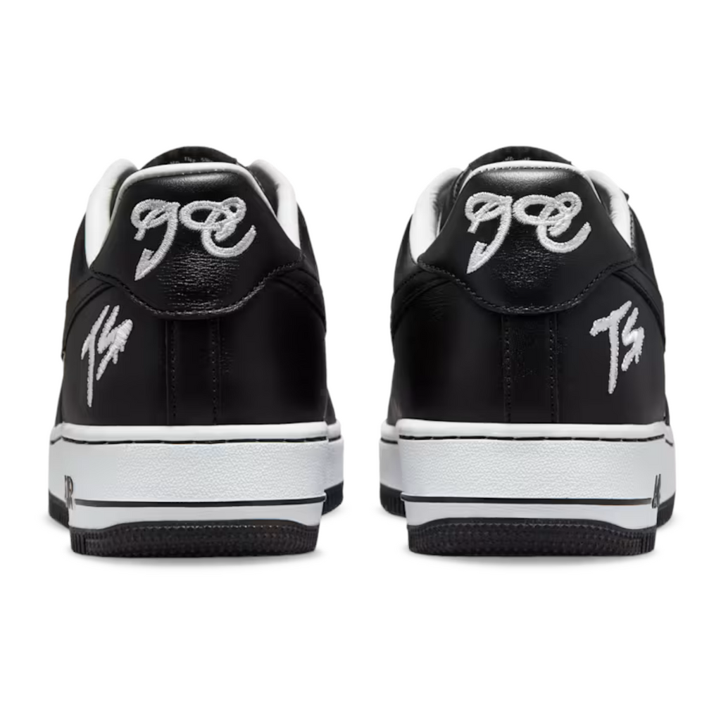 FLEX SHOP Air Force 1 x Terror Squad Blackout sneakers featuring premium black leather and white heel embroidery.