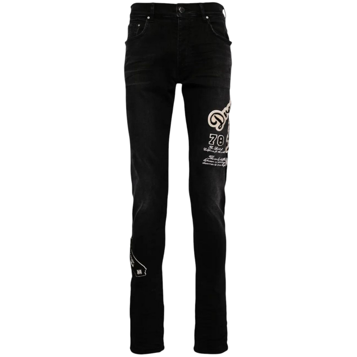 FLEX SHOP Amiri vintage black skinny stretch denim jeans with distressed details, bouclé patches, and embroidery.