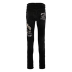 FLEX SHOP Amiri vintage black skinny jeans with distressed details, bouclé patches, and white text embroidery back view