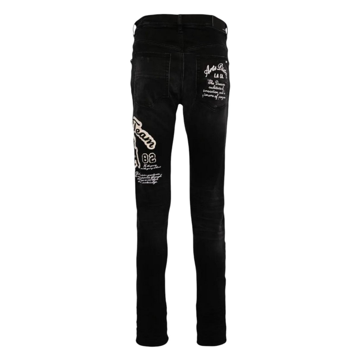 FLEX SHOP Amiri vintage black skinny jeans with distressed details, bouclé patches, and white text embroidery back view