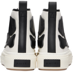 FLEX SHOP Amiri Skel Court high-top sneakers in white canvas and black leather with heel logo patches, rear view.