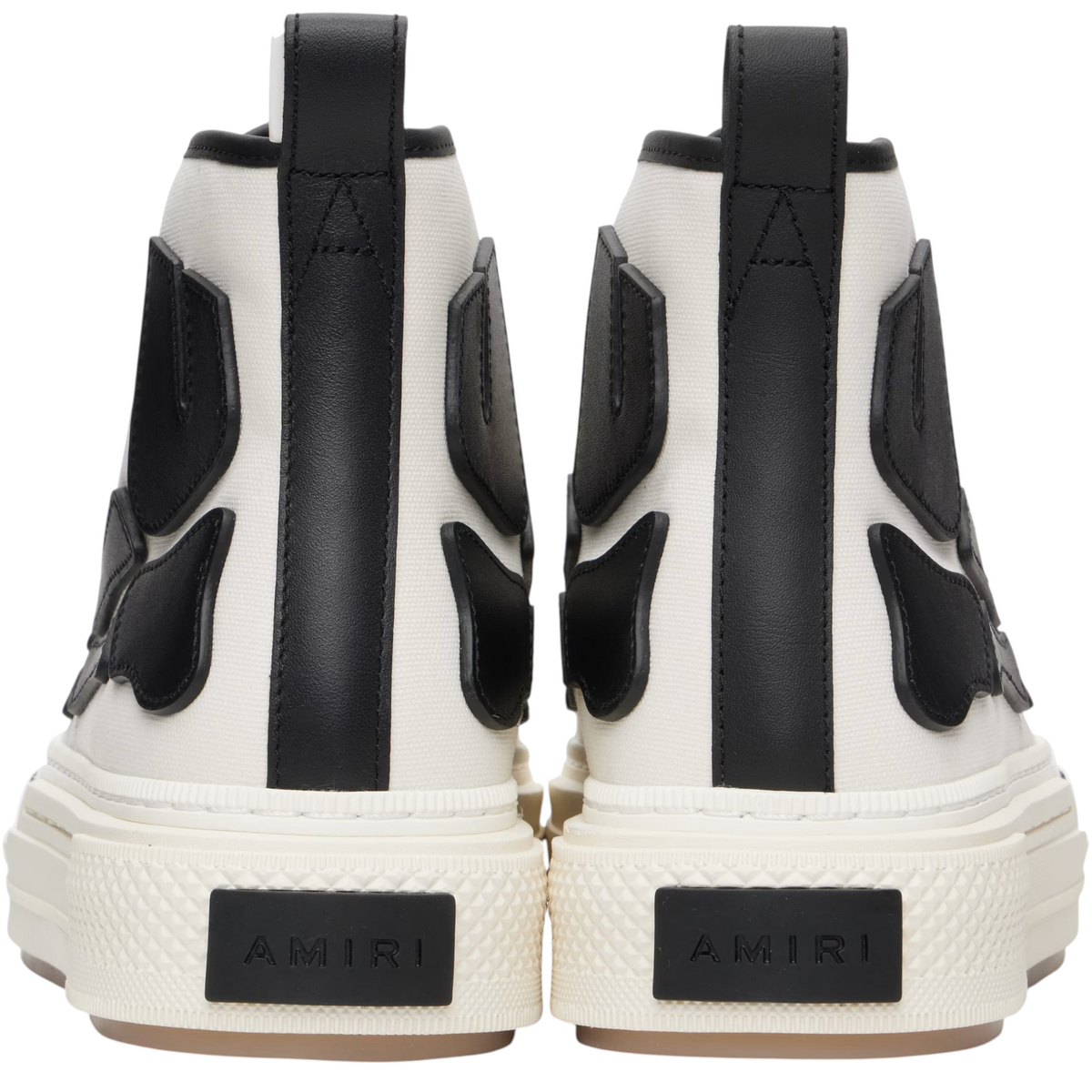FLEX SHOP Amiri Skel Court high-top sneakers in white canvas and black leather with heel logo patches, rear view.