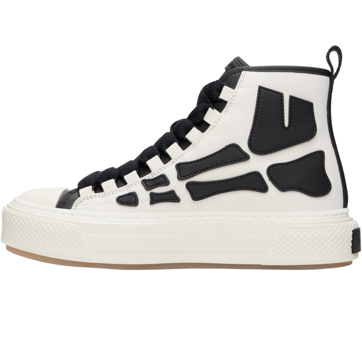 FLEX SHOP Amiri Skel Court high-top sneakers in white canvas and black leather with signature skeleton appliqués.