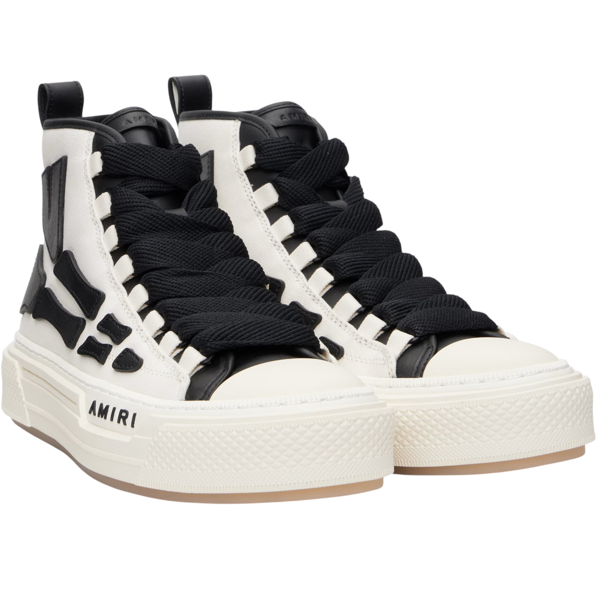 FLEX SHOP Amiri Skel Court high-top sneakers in white canvas and leather with black bone-shaped side appliqués.