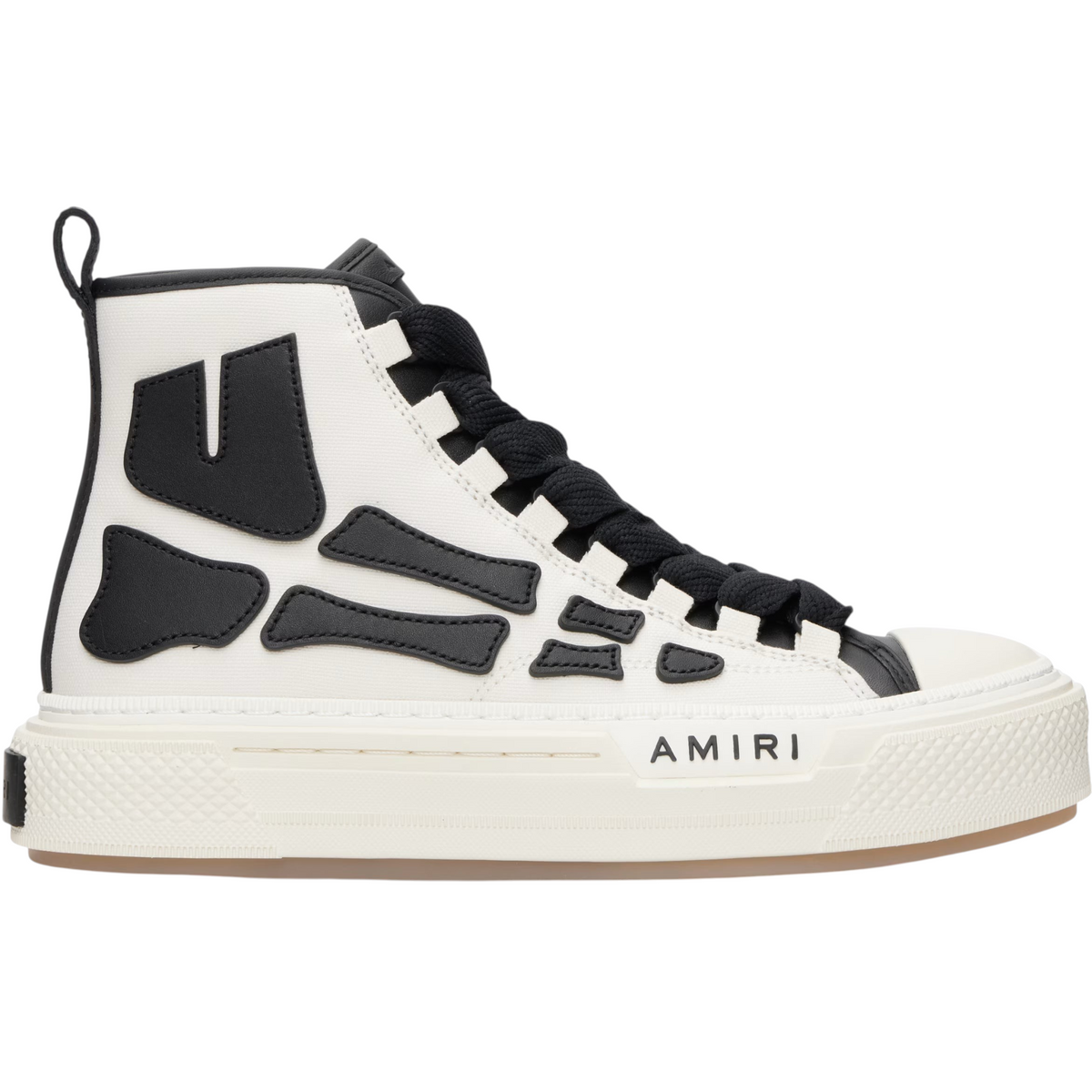 FLEX SHOP Amiri Skel Court high-top sneakers in white canvas and black leather with signature bone appliqué details.