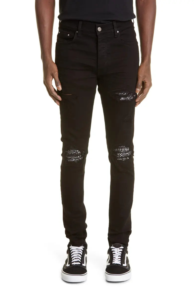 Amiri Black MX1 Bandana Ripped Patch Skinny Jeans