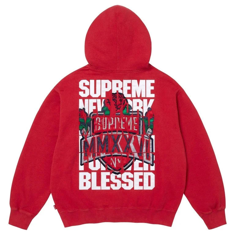 Supreme Hoodie Blessed Appliqué Zip Up Red