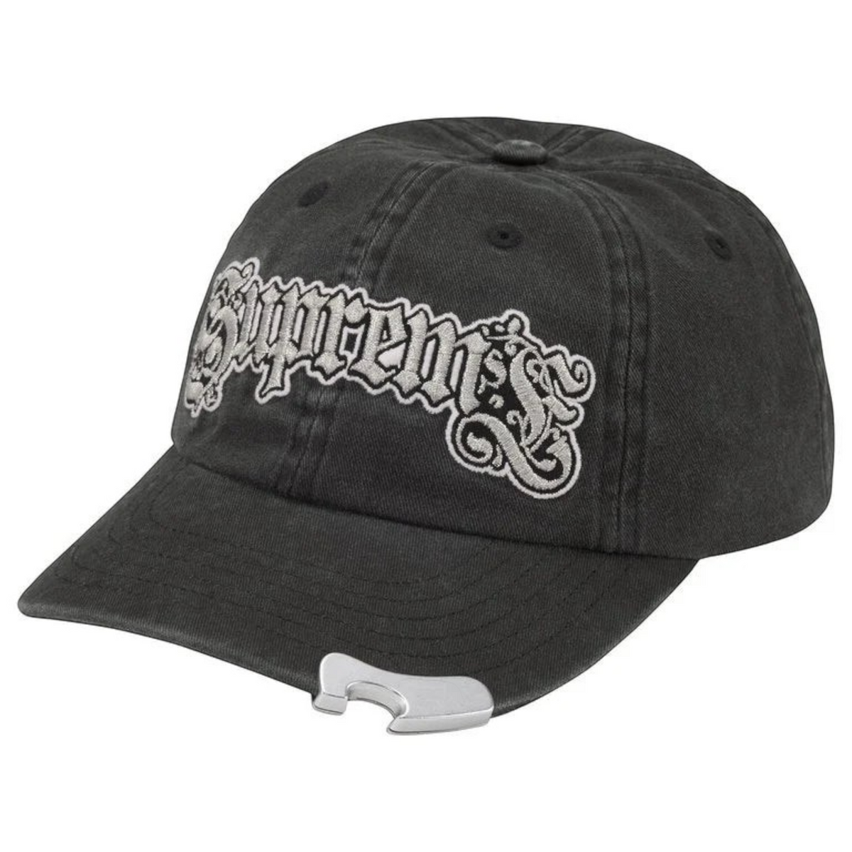 FLEX SHOP black cotton chino twill 6-panel hat with embroidered logo and integrated metal bottle opener on the visor