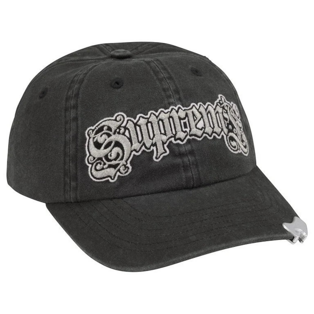 FLEX SHOP black cotton chino twill 6-panel hat with embroidered Supreme logo and integrated visor bottle opener