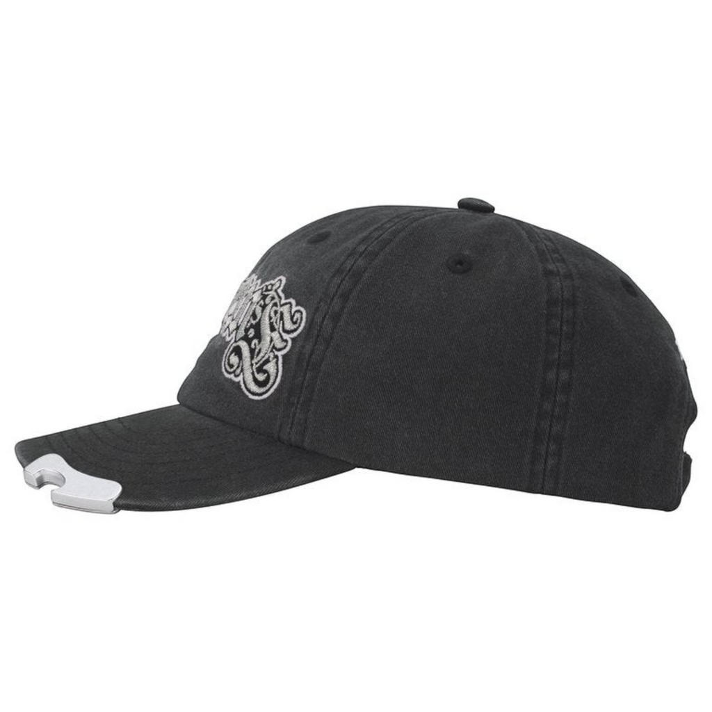 FLEX SHOP black cotton chino twill 6-panel hat with an integrated metal bottle opener on the visor and embroidery.