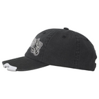 FLEX SHOP black cotton chino twill 6-panel hat with an integrated metal bottle opener on the visor and embroidery.