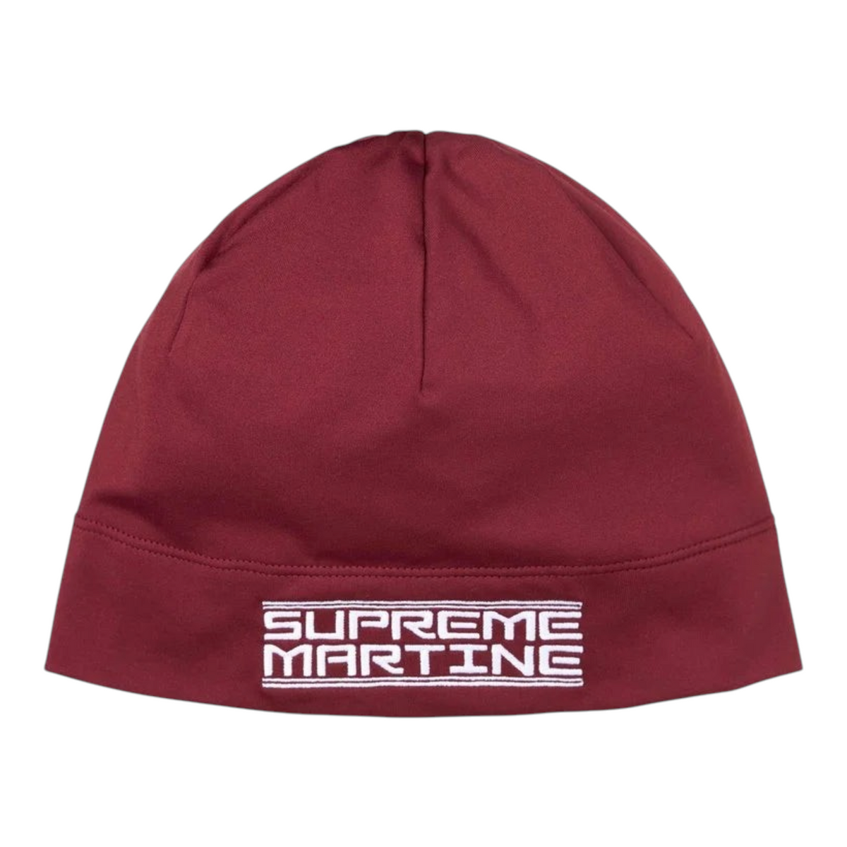 FLEX SHOP Supreme x Martine Rose red beanie with white embroidered logo branding on the front cuff.