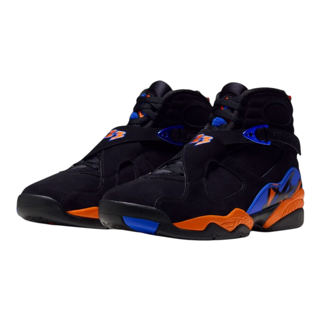 FLEX SHOP Air Jordan 8 Knicks sneakers in black nubuck with royal blue and orange accents and cross-strap design.