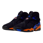 FLEX SHOP Air Jordan 8 Knicks sneakers in black nubuck with royal blue and orange accents and cross-strap design.