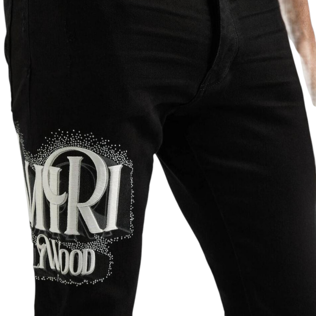 FLEX SHOP black distressed skinny jeans with crystal-embellished Amiri Hollywood logo on the thigh