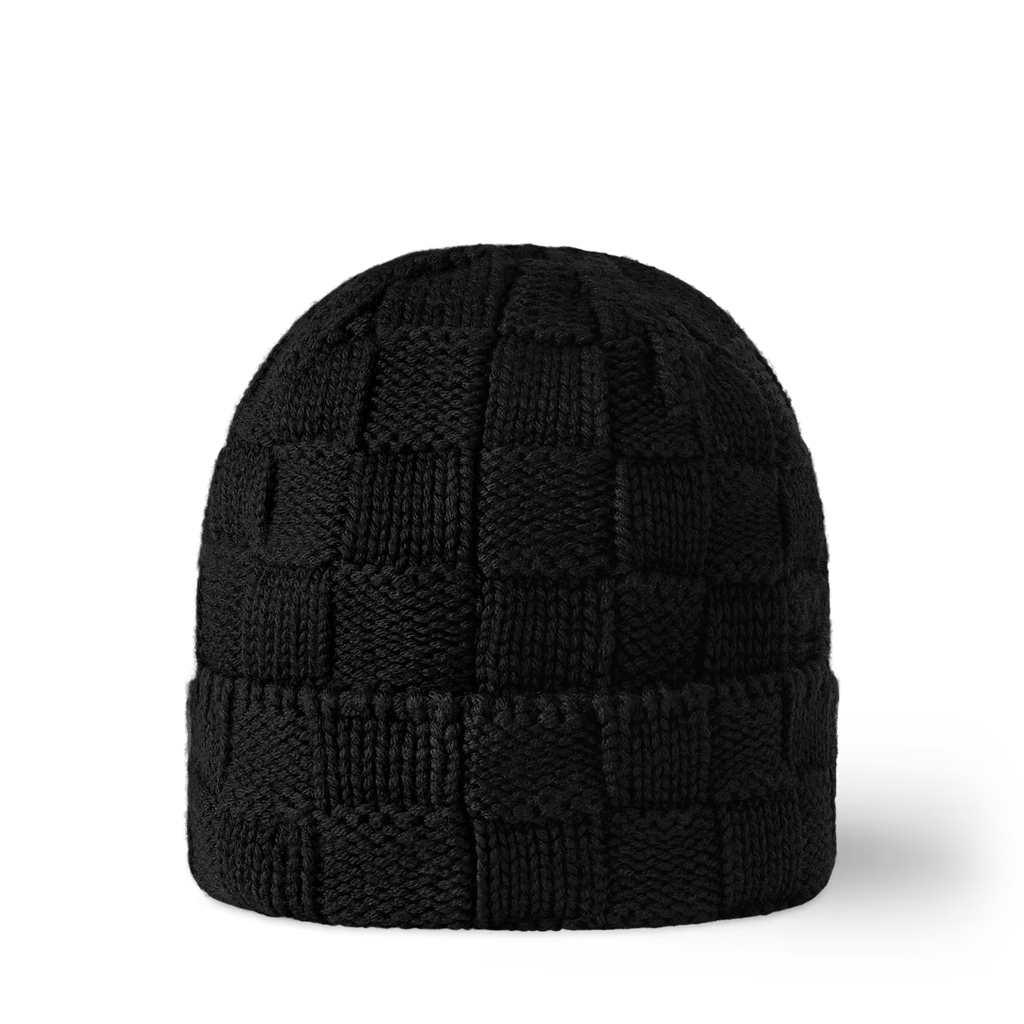 FLEX SHOP black wool knit beanie featuring a textured Damier checkerboard pattern and folded cuff design.