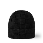 FLEX SHOP black wool knit beanie featuring a textured Damier checkerboard pattern and folded cuff design.