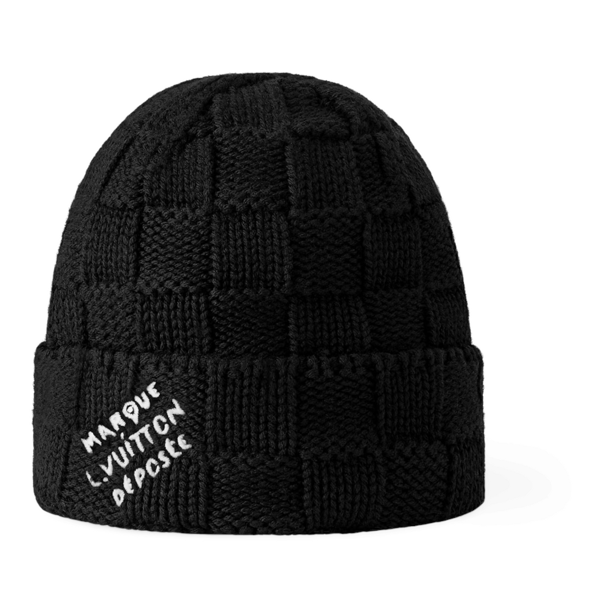FLEX SHOP black wool knit beanie featuring a textured Damier check pattern and white Marque L.Vuitton Déposée embroidery
