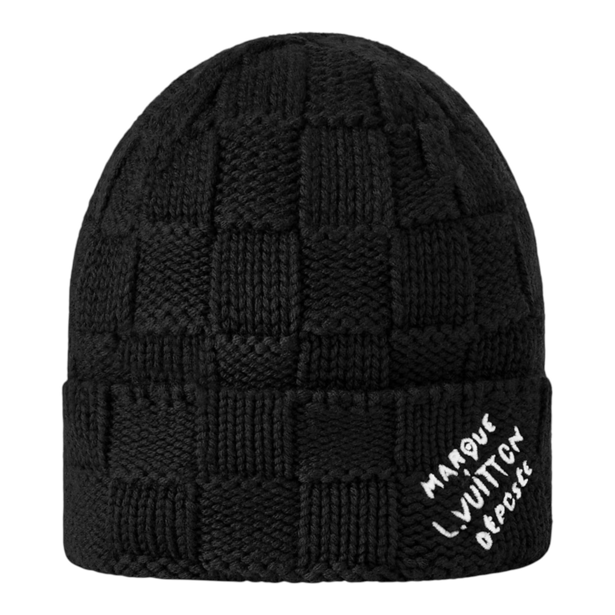 FLEX SHOP black wool knit beanie featuring a textured Damier pattern and white Marque L.Vuitton Déposée embroidery.