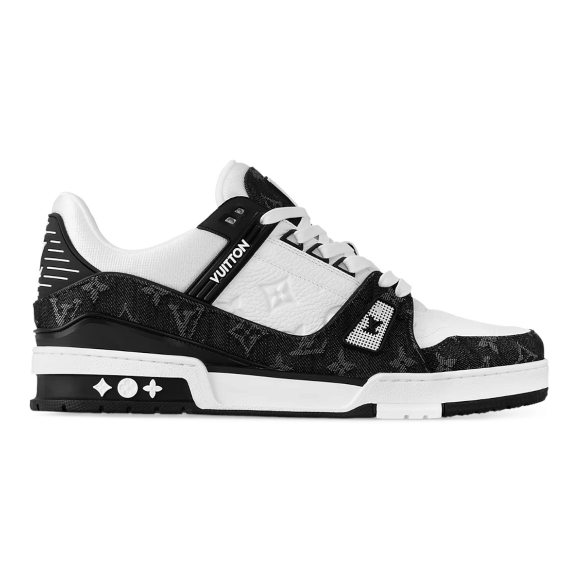 FLEX SHOP Louis Vuitton Trainer sneaker in black and white monogram denim and grained calf leather side view