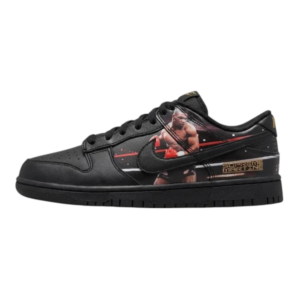 FLEX SHOP Nike Dunk Low Supreme x Martine Rose sneaker featuring a black leather upper and Mike Tyson boxing graphic.