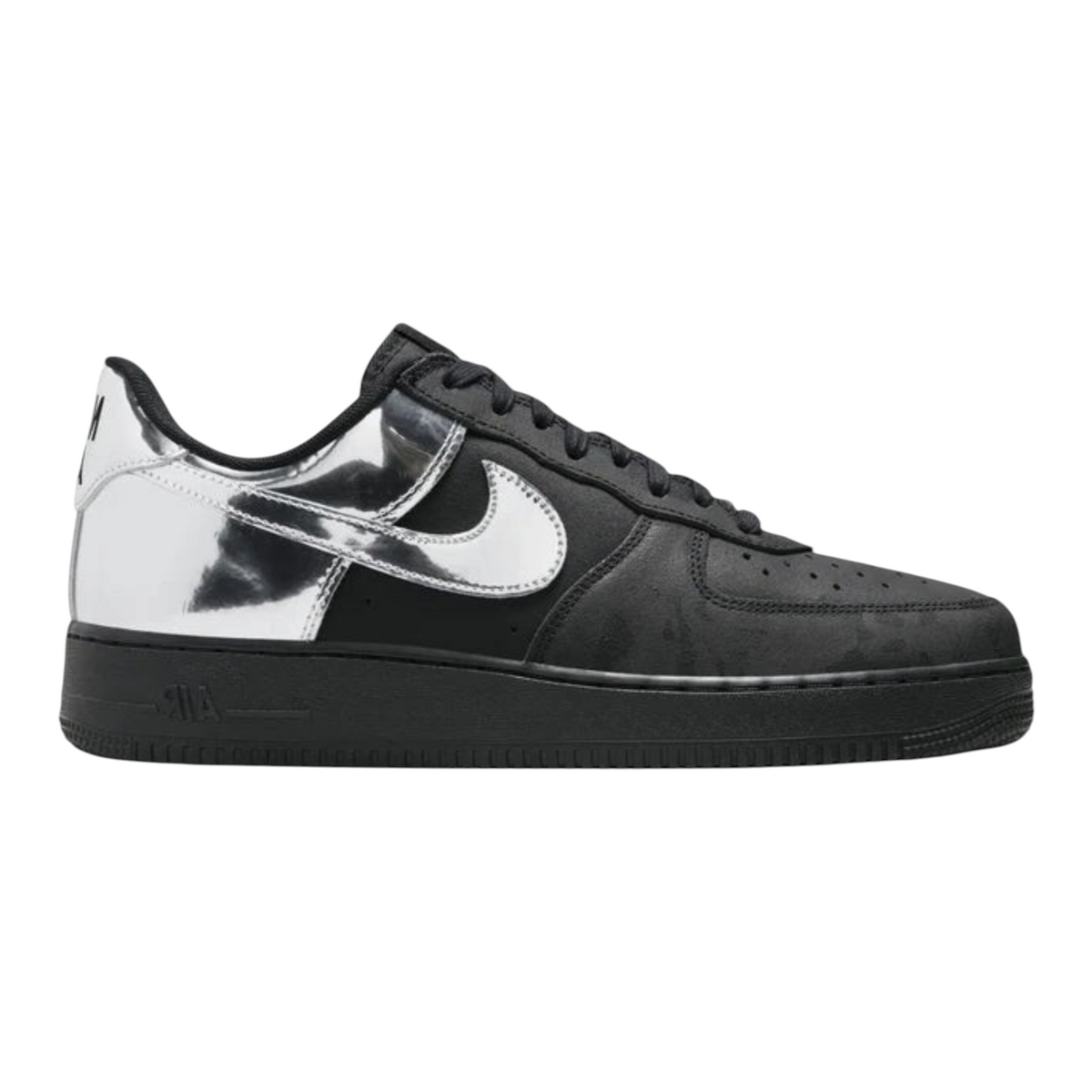 FLEX SHOP Nike Air Force 1 Low All-Star 2025 sneaker in black suede with metallic silver Swoosh and camo detailing.
