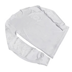 FLEX SHOP white long sleeve Chrome Hearts tee featuring a horseshoe pocket and intricate sleeve graphic details.