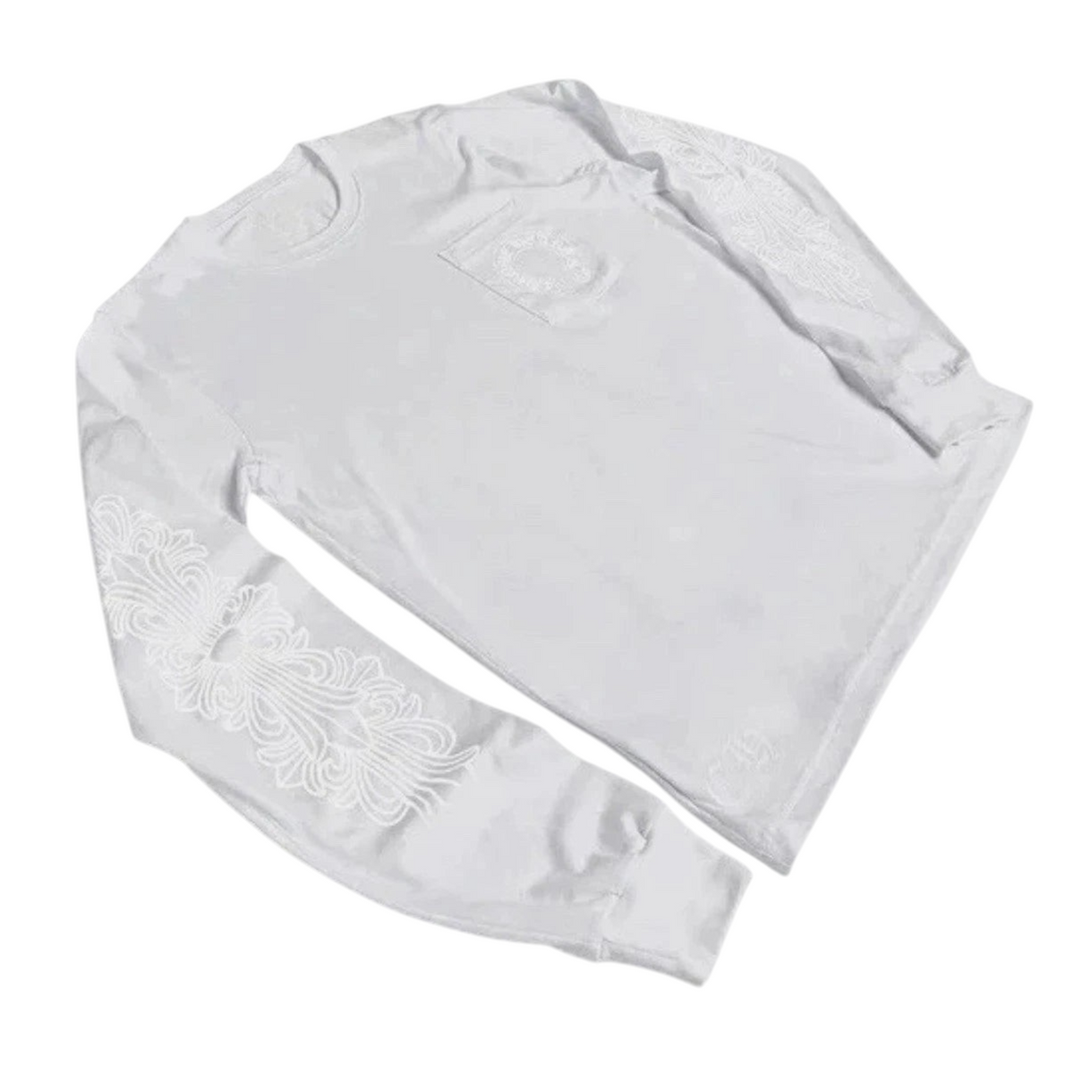 FLEX SHOP white long sleeve Chrome Hearts tee featuring a horseshoe pocket and intricate sleeve graphic details.