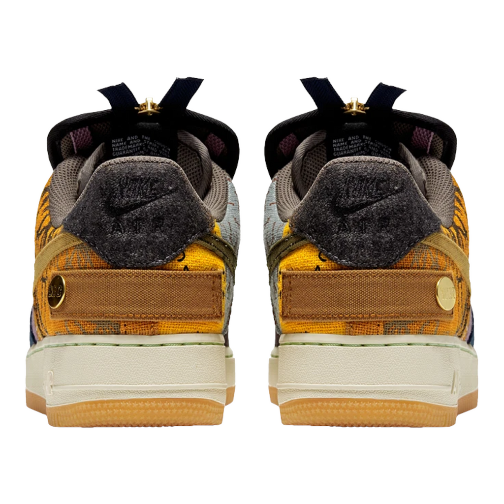 FLEX SHOP Nike x Travis Scott Air Force 1 Low Cactus Jack sneakers showing rear view with textured panels and gold studs