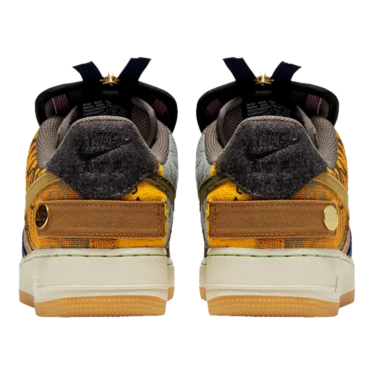 FLEX SHOP Nike x Travis Scott Air Force 1 Low Cactus Jack sneakers showing rear view with textured panels and gold studs