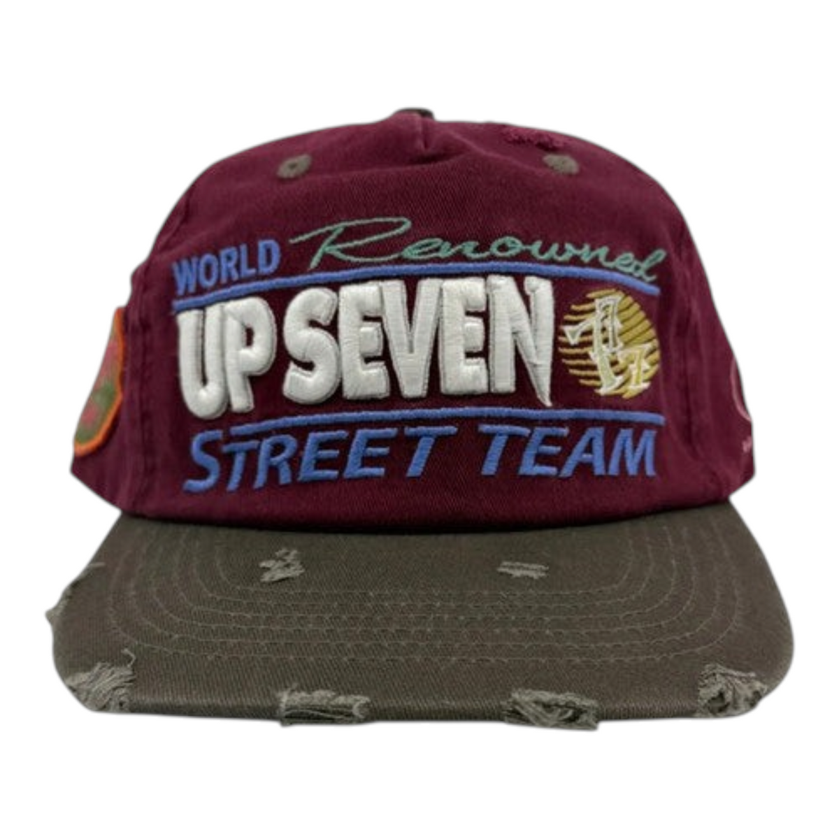 FLEX SHOP raspberry snapback hat with distressed brim and embroidered Up Seven Street Team logo