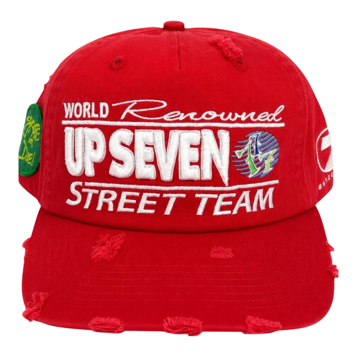 FLEX SHOP red distressed baseball cap with embroidered Up7skate International Street Team logo and side patches.