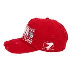 FLEX SHOP red distressed baseball cap with embroidered Up7skate International Street Team logo and side branding