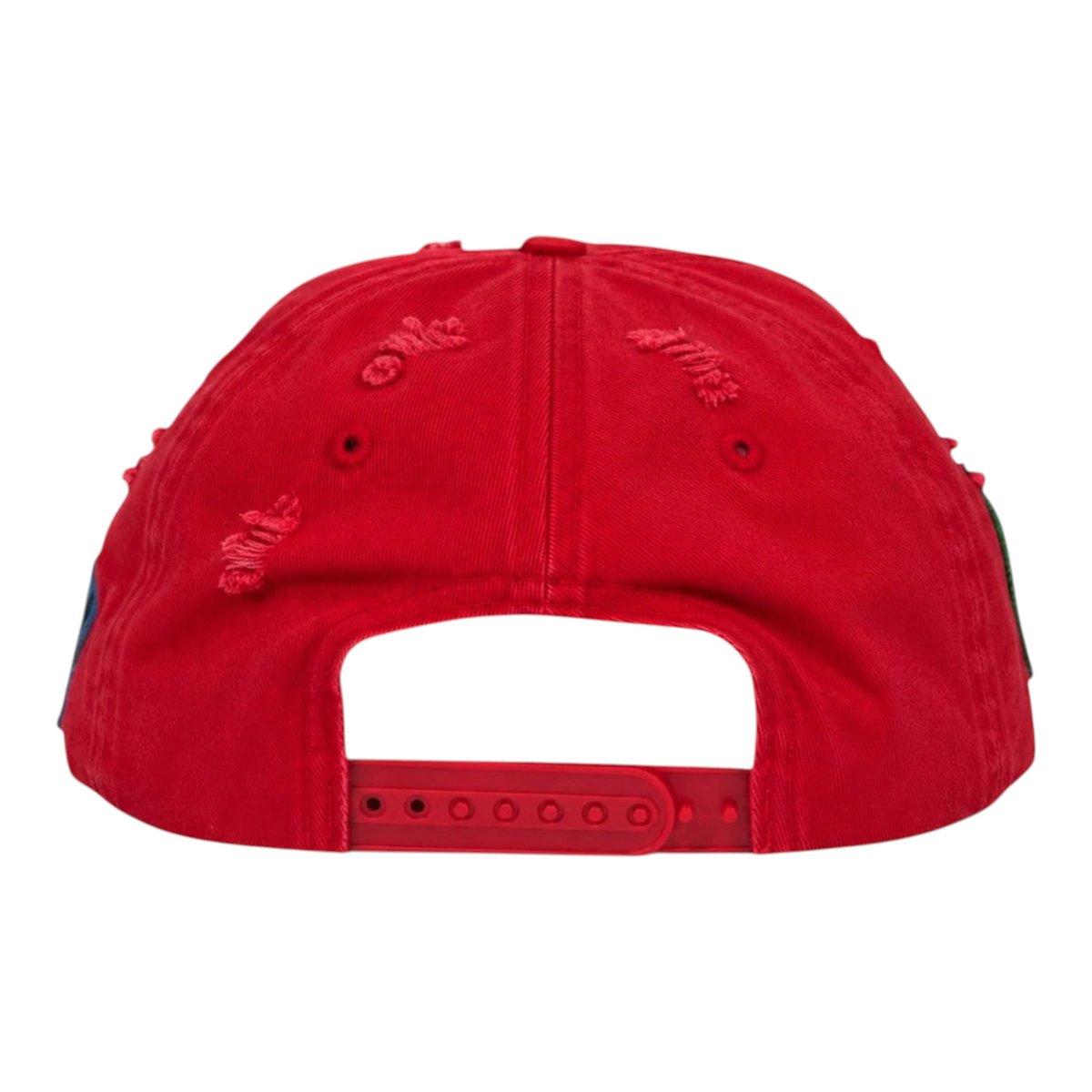 FLEX SHOP red distressed snapback hat with embroidered patches, back view showing adjustable strap